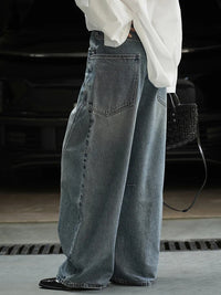 High Waist Blue Denim Irregular Spliced Barrel Jeans — in alternativa