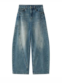 High Waist Blue Denim Irregular Spliced Barrel Jeans — vista frontale