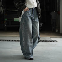 High Waist Blue Denim Irregular Spliced Barrel Jeans — vista posteriore