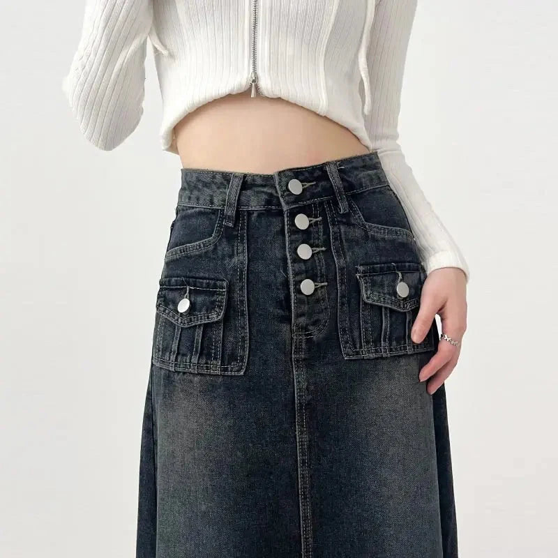 High Waist Cargo Denim Long Maxi Skirt — dettaglio