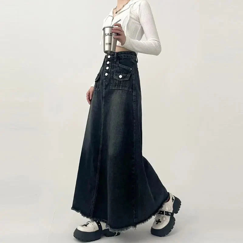 High Waist Cargo Denim Long Maxi Skirt — vista laterale