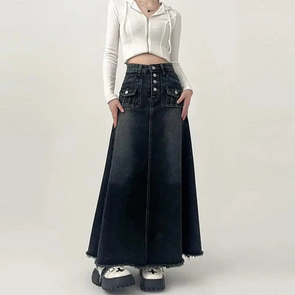High Waist Cargo Denim Long Maxi Skirt — vista frontale