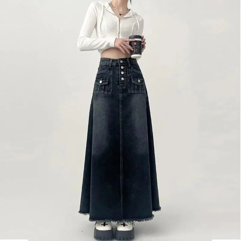 High Waist Cargo Denim Long Maxi Skirt — vista posteriore