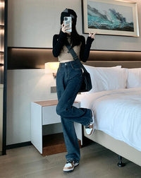 High Waist Dark Blue Straight Essential Denim Jeans — dettaglio