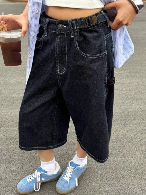 High Waist Denim Loose Fit Shorts Jorts — vista frontale