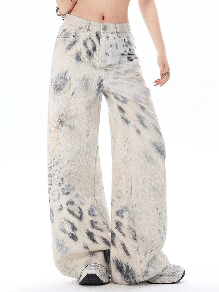 High Waist Snow Leopard Print Jeans — vista frontale