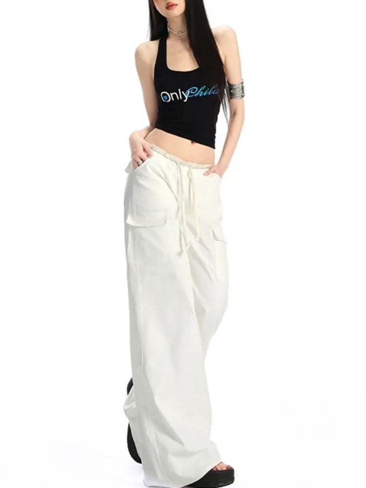High Waist Wide Leg Drawstring Cargo Trousers — vista laterale