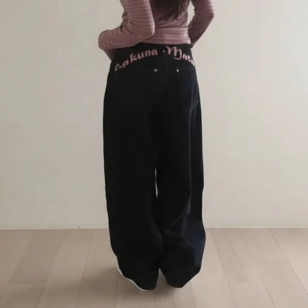 Y2K "Hukuna Matata" Vintage Embroidered Letter Black Baggy Jeans