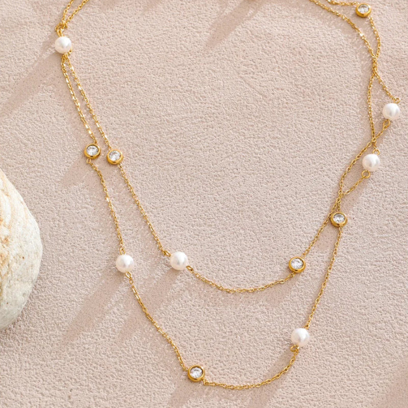 Imitation Pearls Zirconia Layered Chain Necklace — dettaglio
