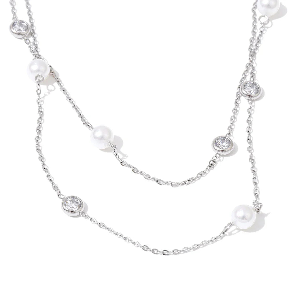 Imitation Pearls Zirconia Layered Chain Necklace — vista posteriore