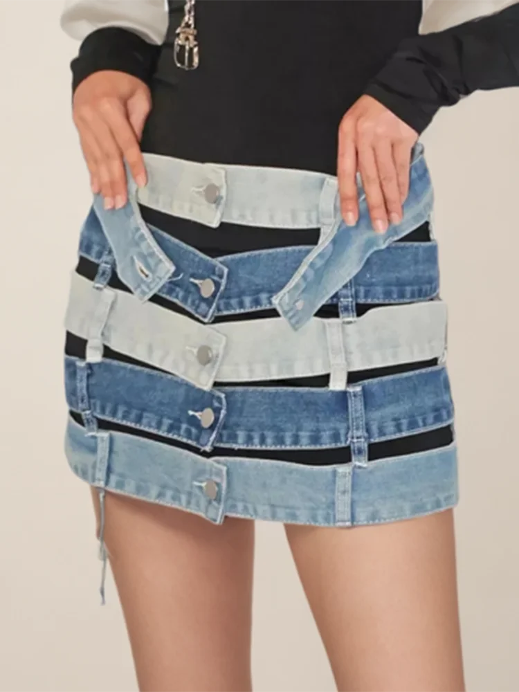 Irregular Spliced Denim Mini Skirt — vista frontale
