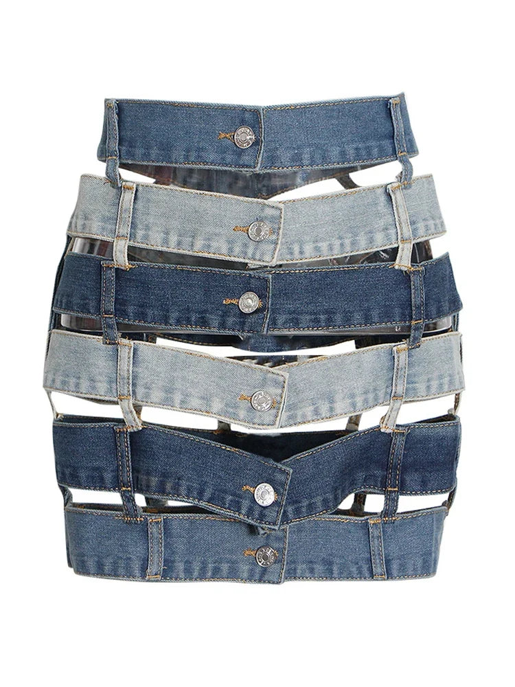 Irregular Spliced Denim Mini Skirt — vista posteriore