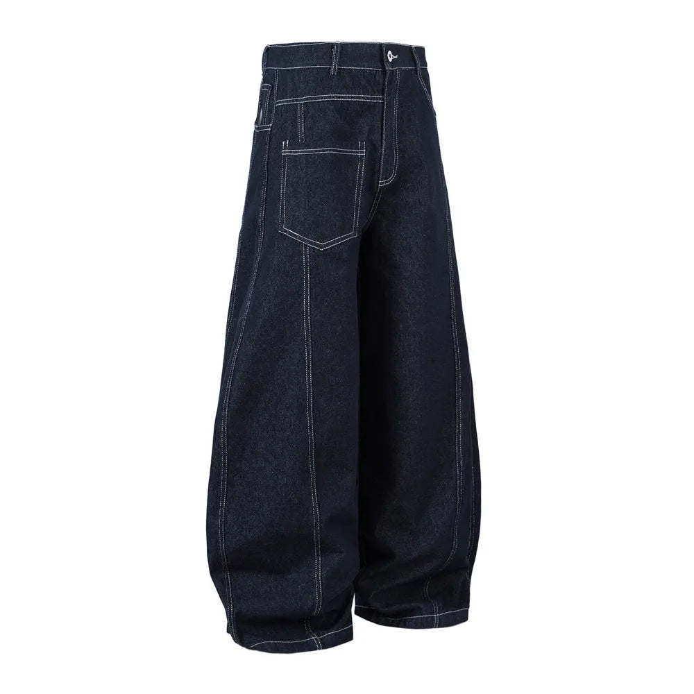 Irregular Spliced Stitch Baggy Curved Barrel Jeans — dettaglio