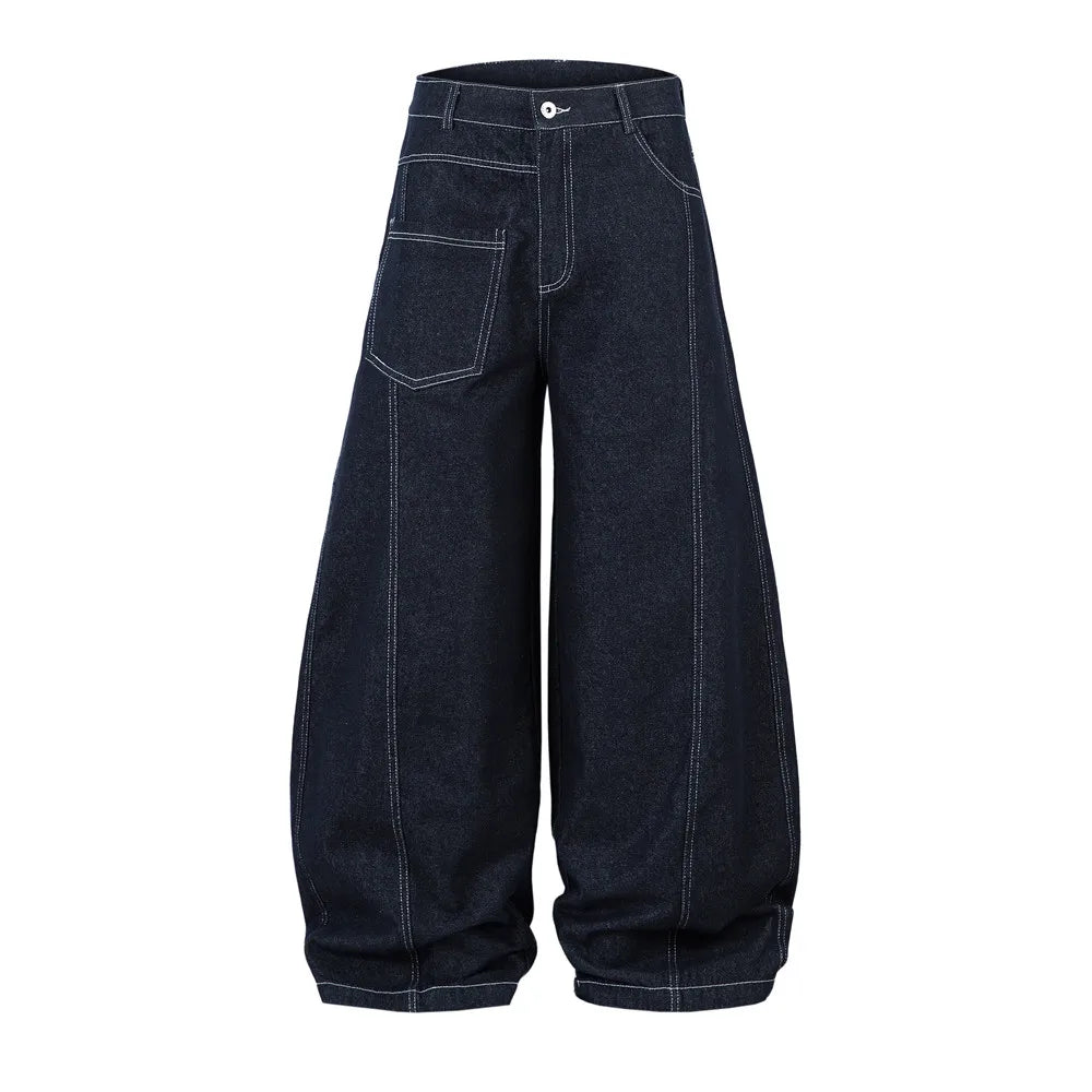 Irregular Spliced Stitch Baggy Curved Barrel Jeans — vista frontale