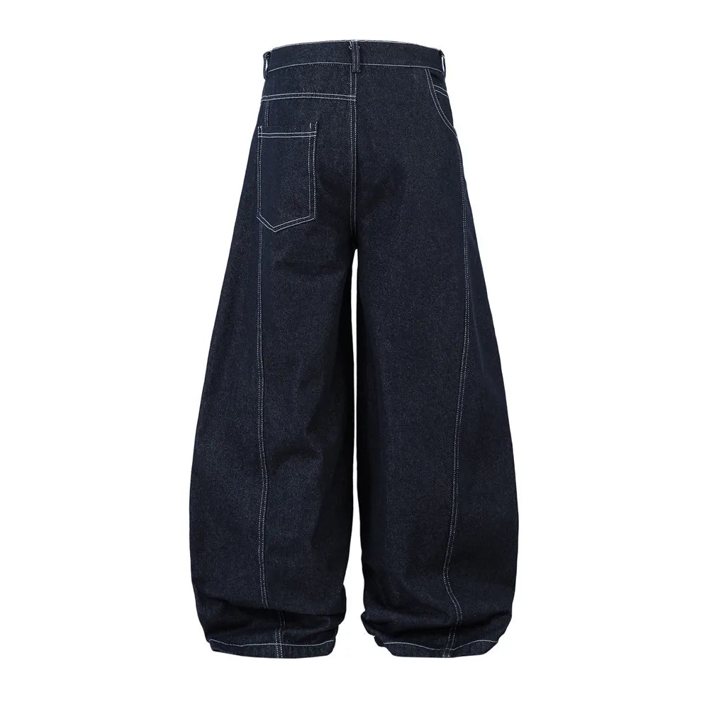 Irregular Spliced Stitch Baggy Curved Barrel Jeans — vista posteriore