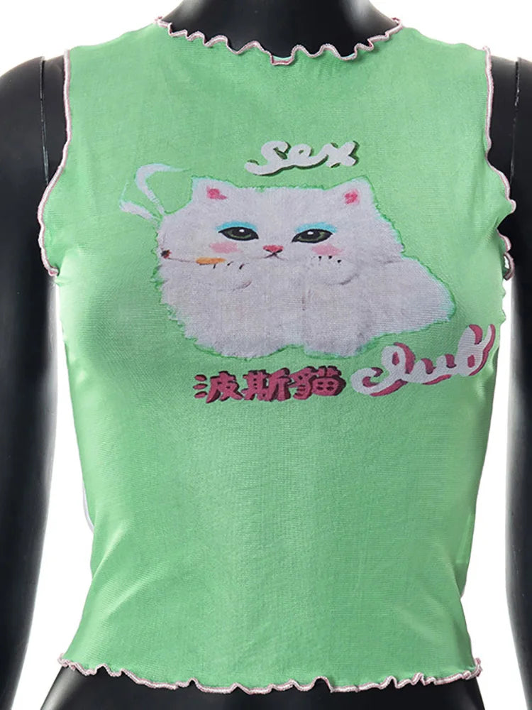 Kawaii Cat Print Sleeveless Mesh Tank Top — dettaglio della stampa