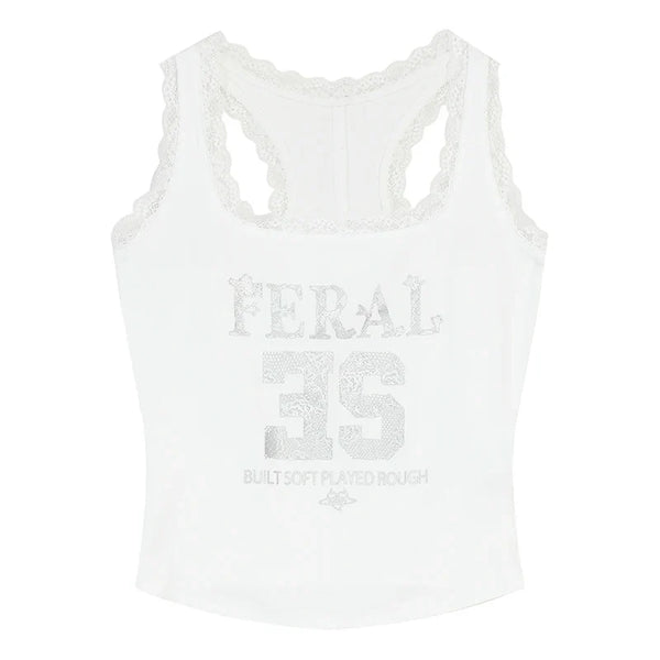 Y2K Lace Trim Feral Graphic Cami Tank Top
