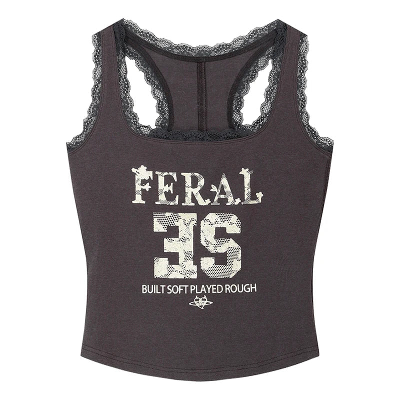 Lace Trim Feral Graphic Cami Tank Top — vista frontale