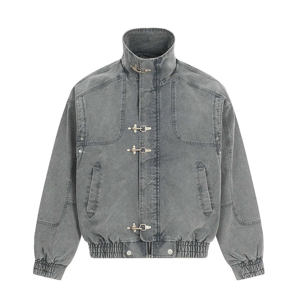 Lapel Airplane Buckle Denim Jacket — vista frontale