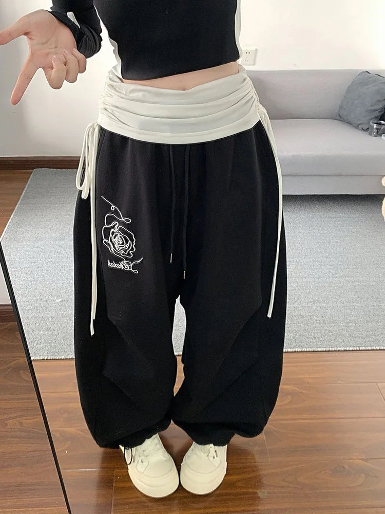 Layered High Waist Baggy Boyfriend Sweatpants Joggers Trousers — vista laterale