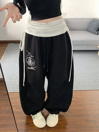 Layered High Waist Baggy Boyfriend Sweatpants Joggers Trousers — vista laterale