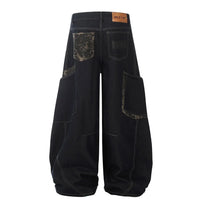 Leopard Patchwork Pocket Baggy Denim Curved Barrel Jeans — dettaglio