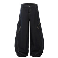 Leopard Patchwork Pocket Baggy Denim Curved Barrel Jeans — vista frontale