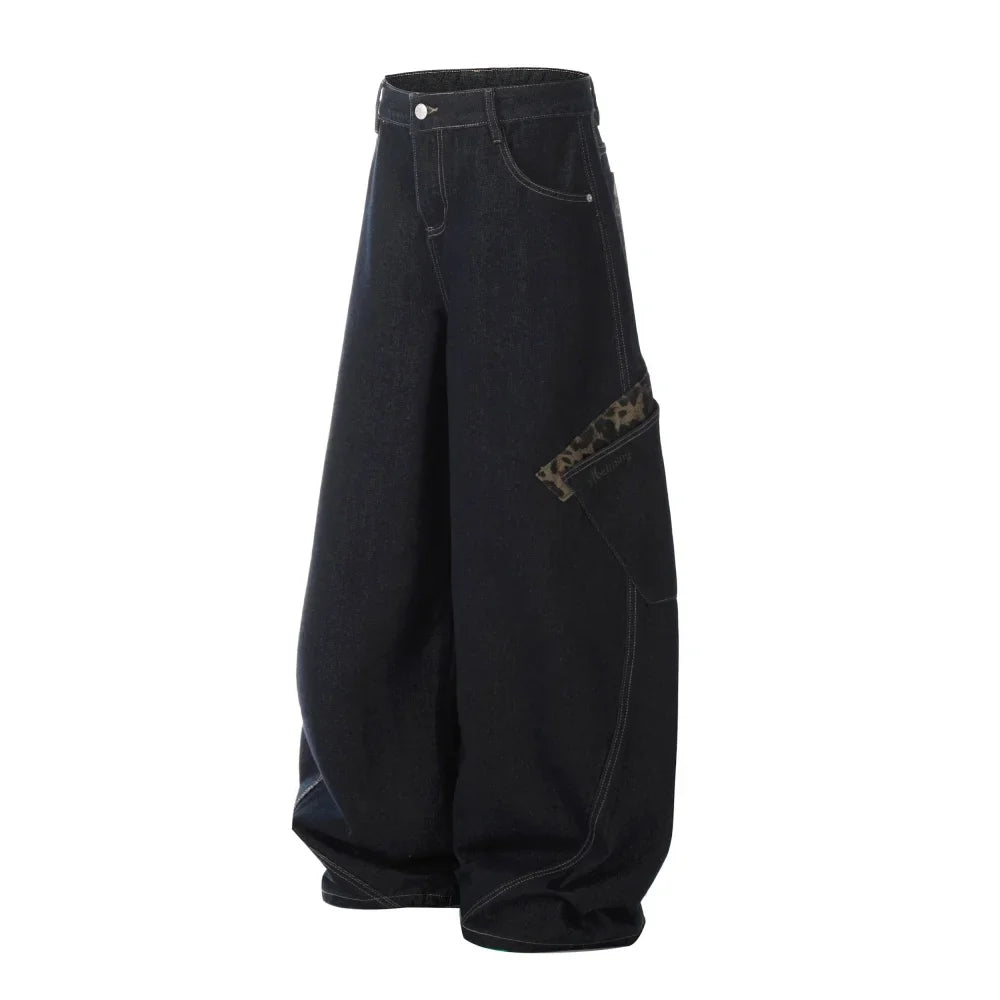 Leopard Patchwork Pocket Baggy Denim Curved Barrel Jeans — vista posteriore
