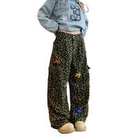 Leopard Print Patchwork Wide Leg Baggy Jeans — vista frontale