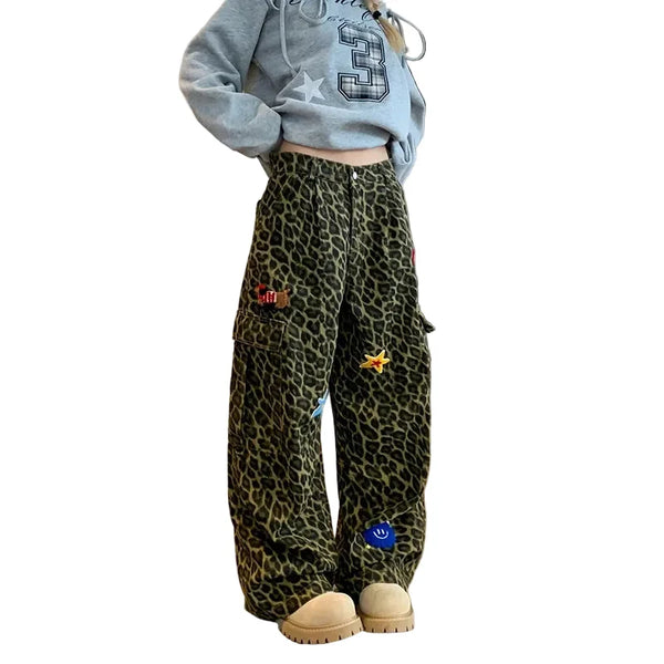 Leopard Print Patchwork Wide Leg Baggy Jeans — vista frontale