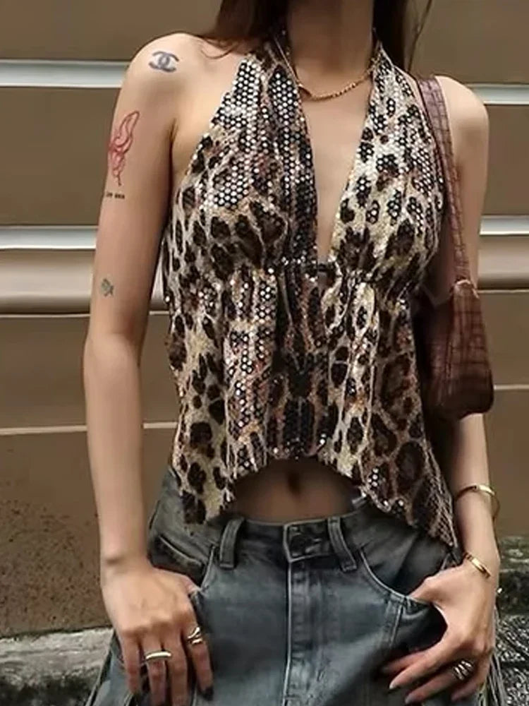 Leopard Sequin Rhinestone Low Cut Halter Top — vista posteriore
