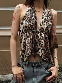 Leopard Sequin Rhinestone Low Cut Halter Top — vista posteriore