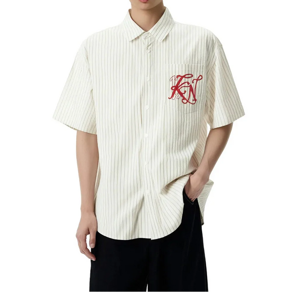 Y2K Letter Embroidered Striped Single Breasted Short Sleeve Shirt
