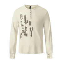 Letter Print Henley Button Long Sleeve Top — vista frontale