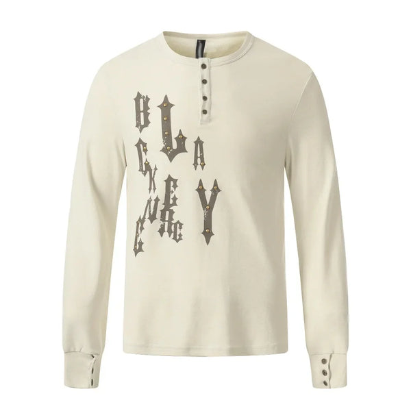 Letter Print Henley Button Long Sleeve Top — vista frontale