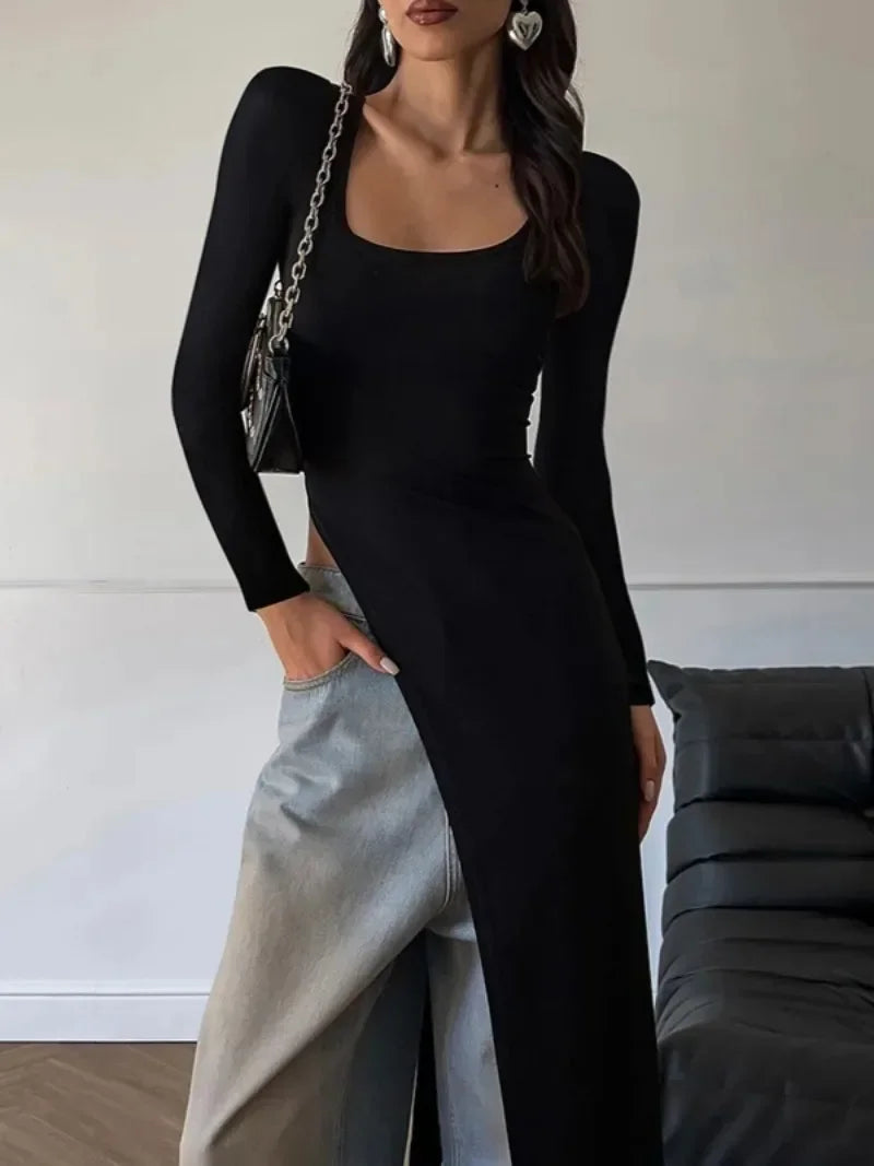 Long Sleeve High Slit Black Dress — dettaglio