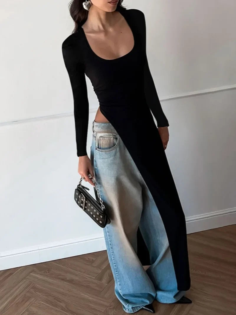 Long Sleeve High Slit Black Dress — dettaglio della stampa