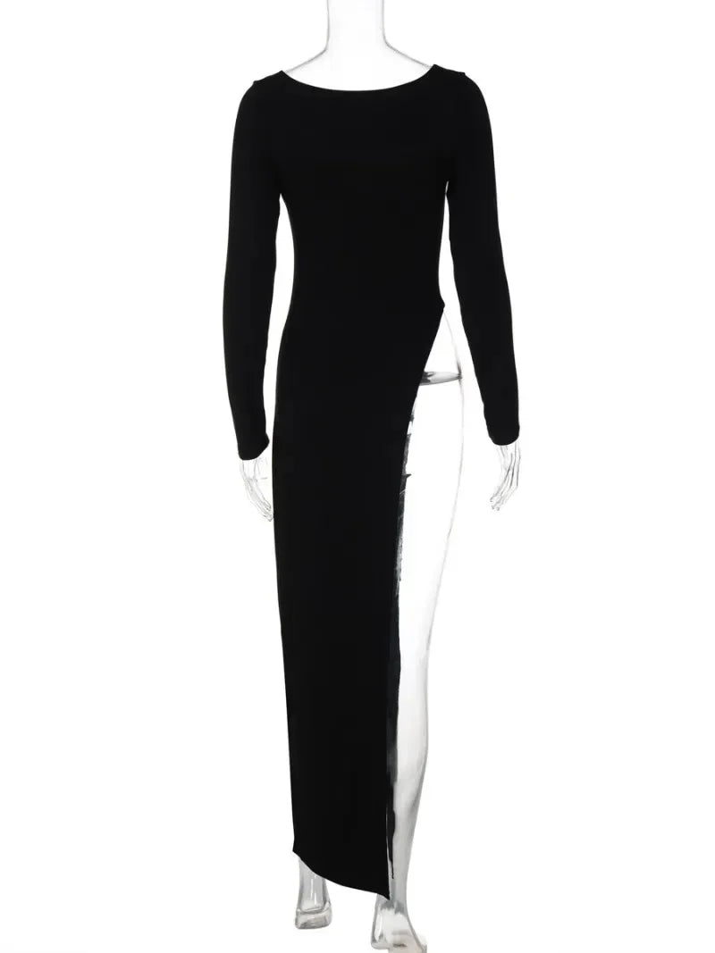 Long Sleeve High Slit Black Dress — dettaglio del tessuto