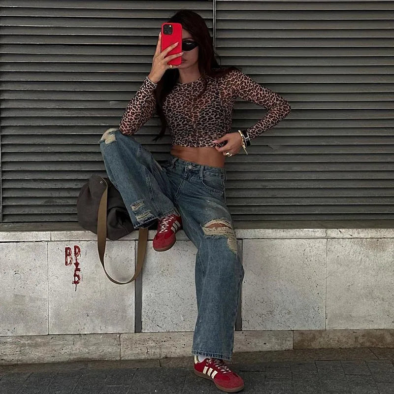Long Sleeve Mesh Leopard Print Top — in alternativa