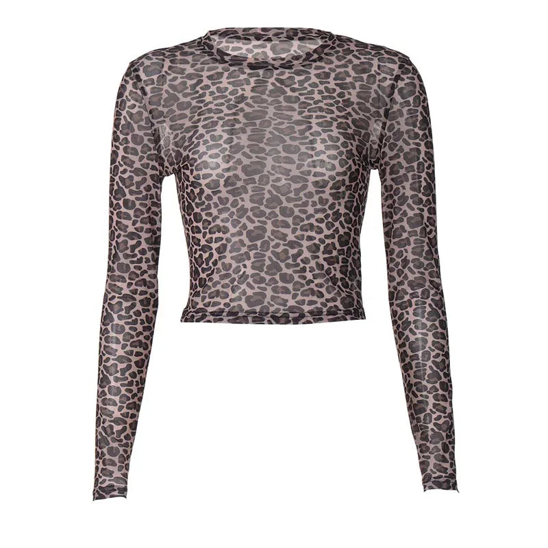 Long Sleeve Mesh Leopard Print Top — vista laterale