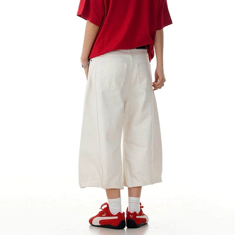 Loose Wide Leg White Long Denim Shorts Jorts — vista laterale