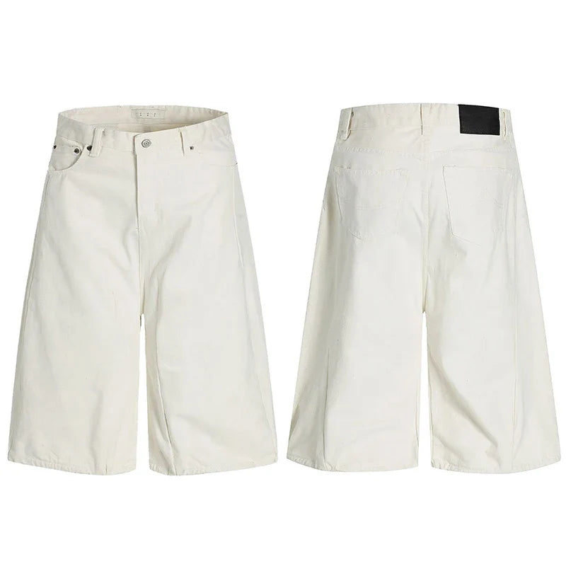 Loose Wide Leg White Long Denim Shorts Jorts — vista frontale