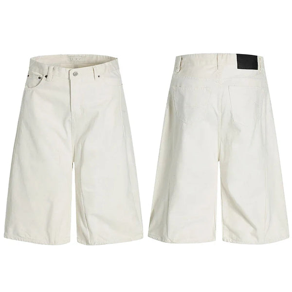 Loose Wide Leg White Long Denim Shorts Jorts — vista frontale