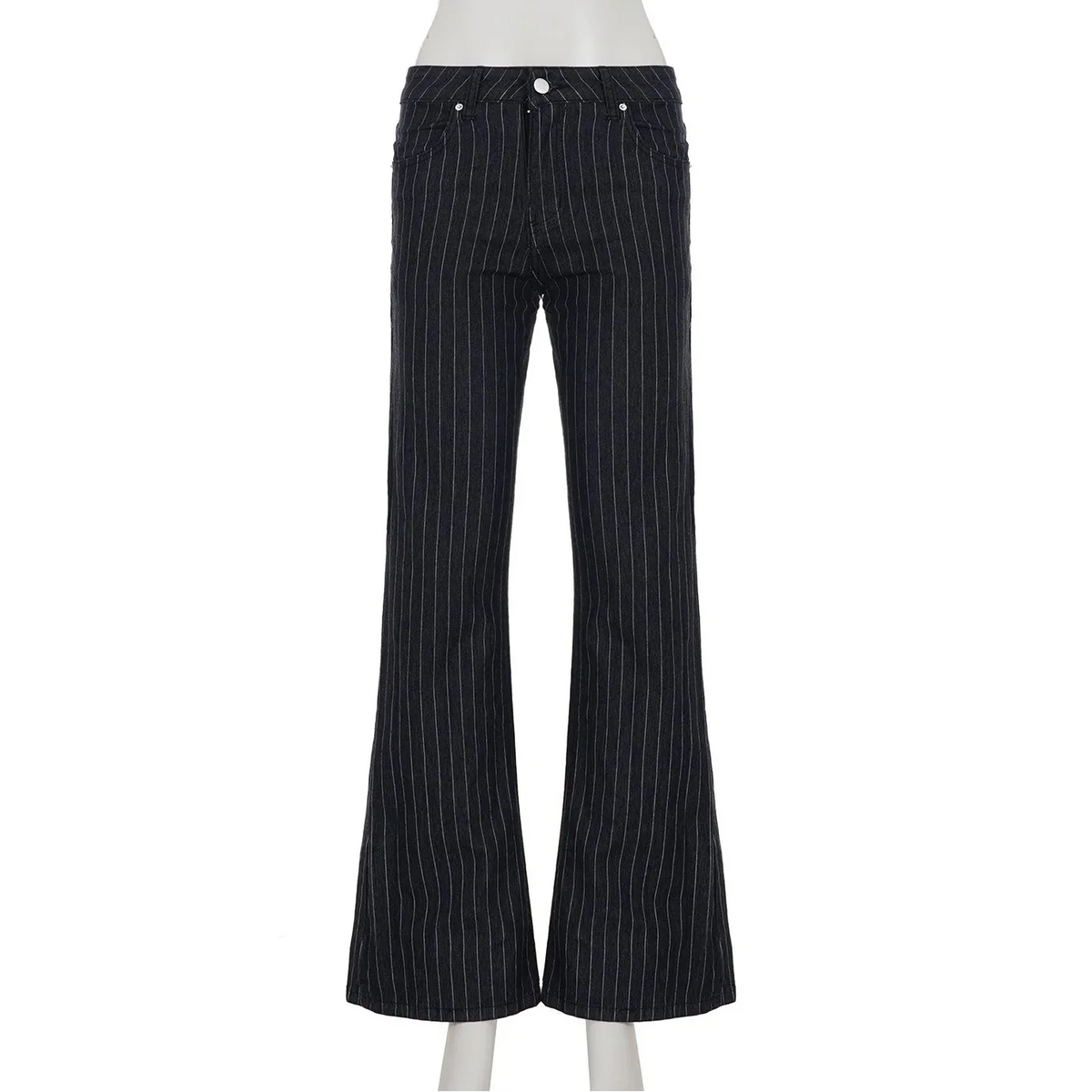 Low Rise Pinstripe Black Flared Denim Jeans — dettaglio del tessuto