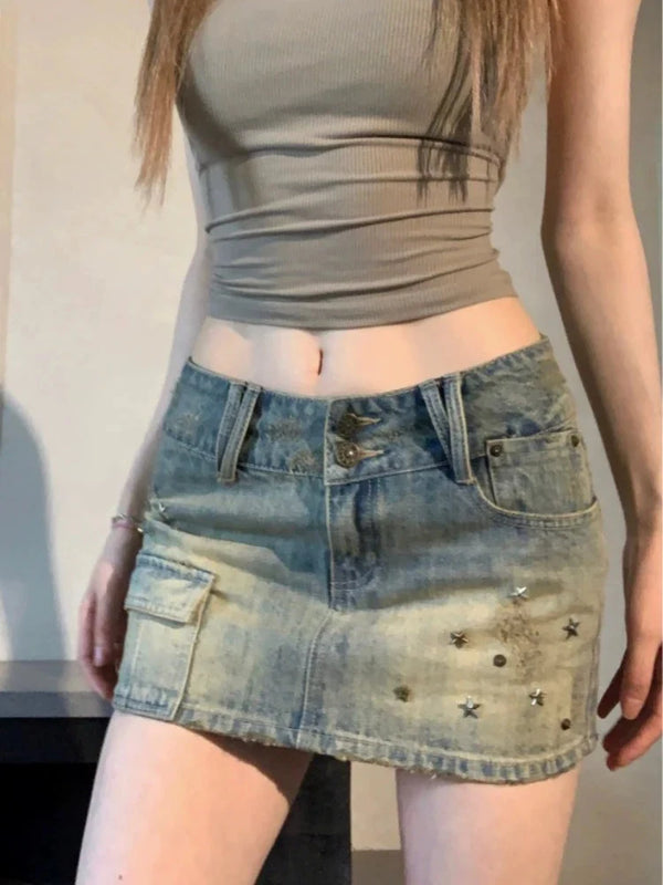 Low Waist Washed Denim Mini Skirt — vista frontale