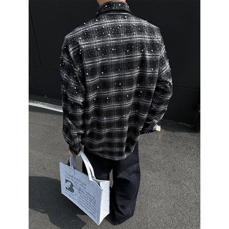 Mens Plaid Rhinestone Long Sleeve Button Up Shirt — vista laterale