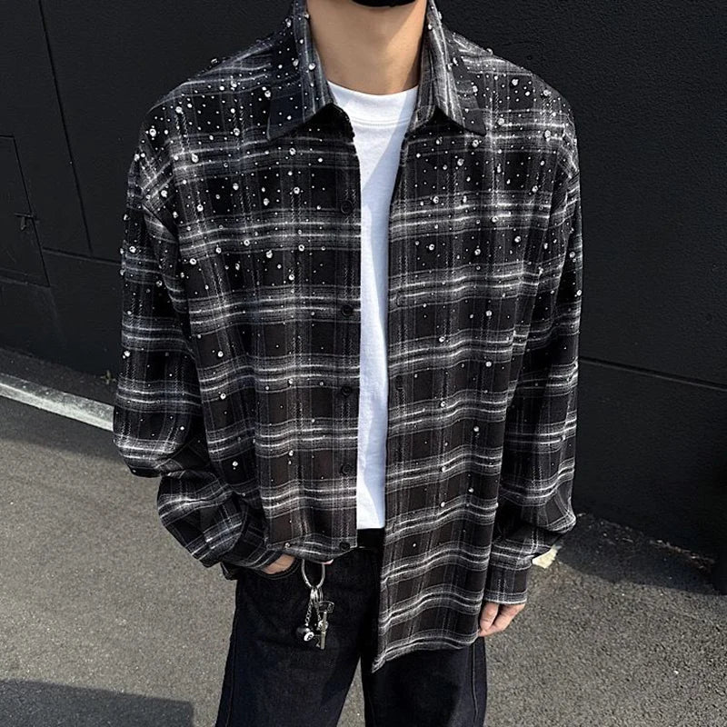 Mens Plaid Rhinestone Long Sleeve Button Up Shirt — vista posteriore
