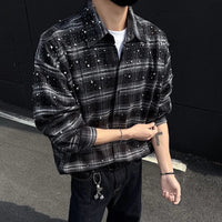 Mens Plaid Rhinestone Long Sleeve Button Up Shirt — dettaglio