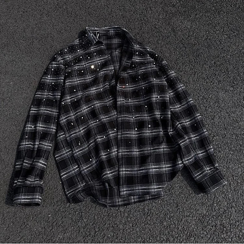 Mens Plaid Rhinestone Long Sleeve Button Up Shirt — vista frontale
