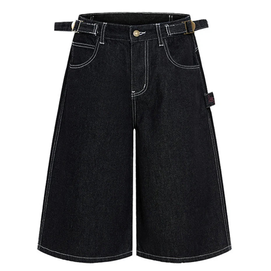 Mens Wide Leg Denim Carpenter Shorts Jorts — vista frontale
